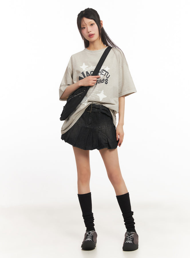 pleated-denim-buckle-mini-skirt-iy502 / black