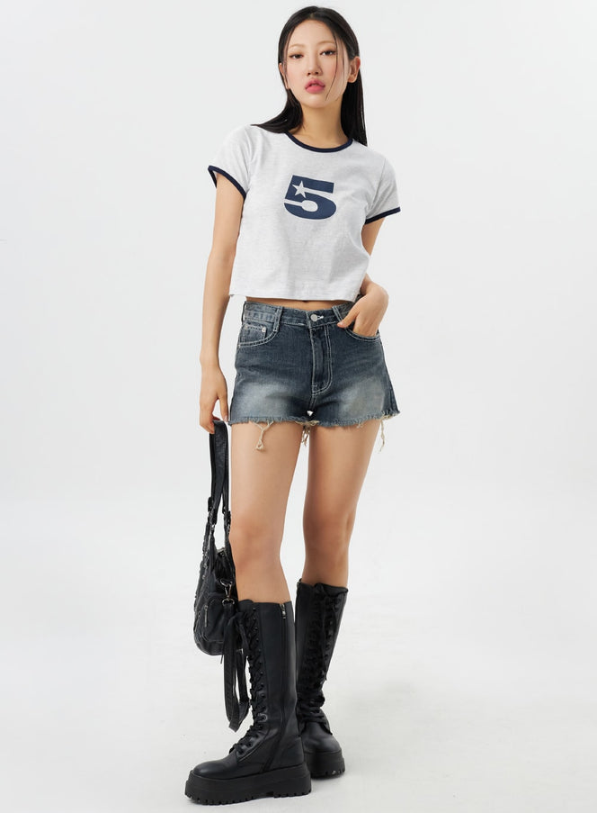 Mid-Rise Ripped Denim Shorts CY315