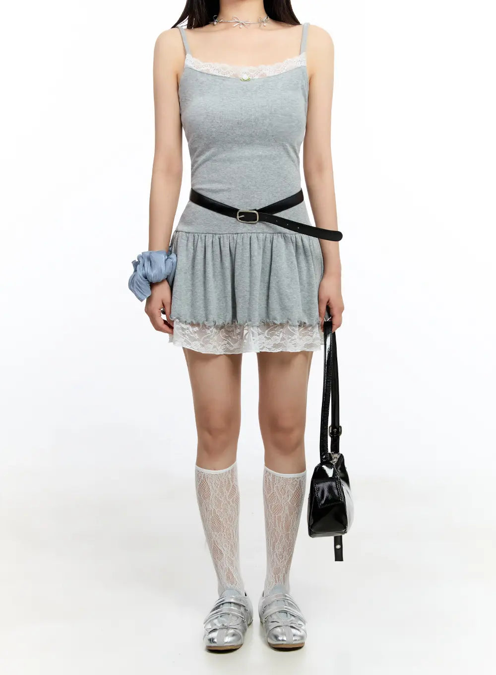 ribbon-ruffled-lace-mini-dress-iu509 / Gray