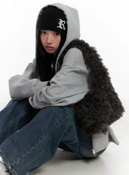 checkered-detail-zip-up-hoodie-cn528 / Gray