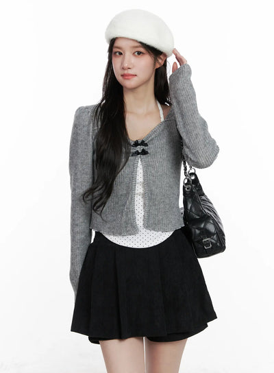 polka-dot-cami-and-ribbon-cardigan-set-cn527 / Gray