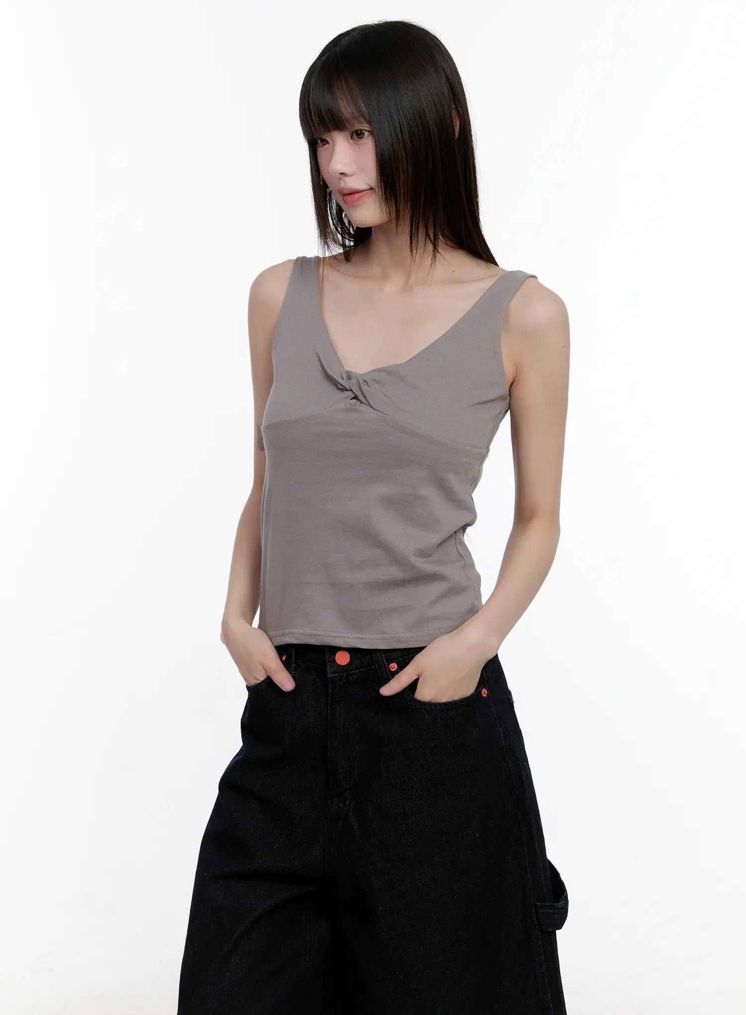 twist-detail-v-neck-sleeveless-top-cl504 / Gray