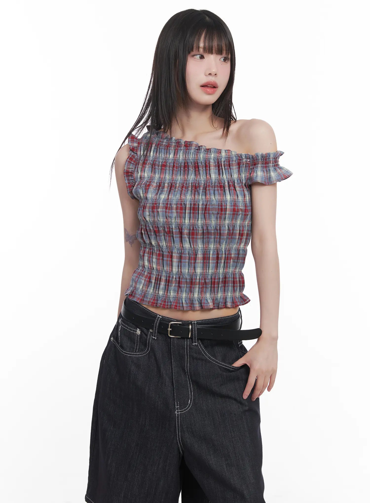 plaid-frill-one-shoulder-crop-top-cu519 / Red