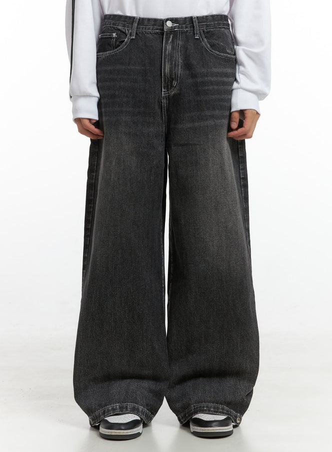 mens-wide-leg-fit-denim-jeans-io417 / Black