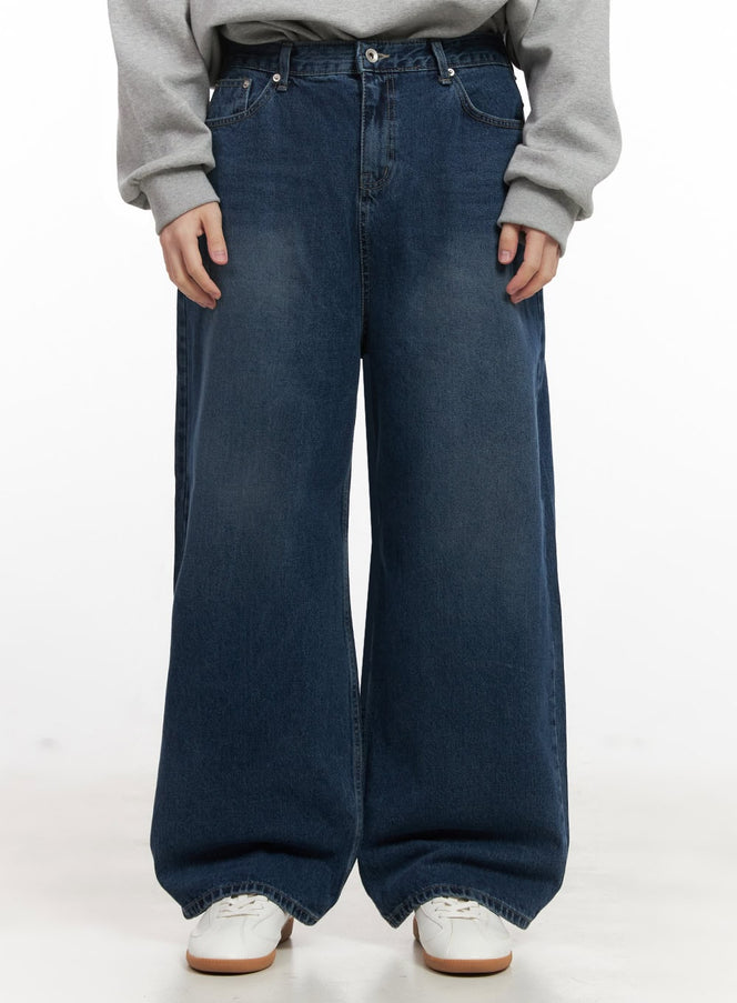 mens-washed-wide-fit-denim-jeans-ij517 / Dark blue