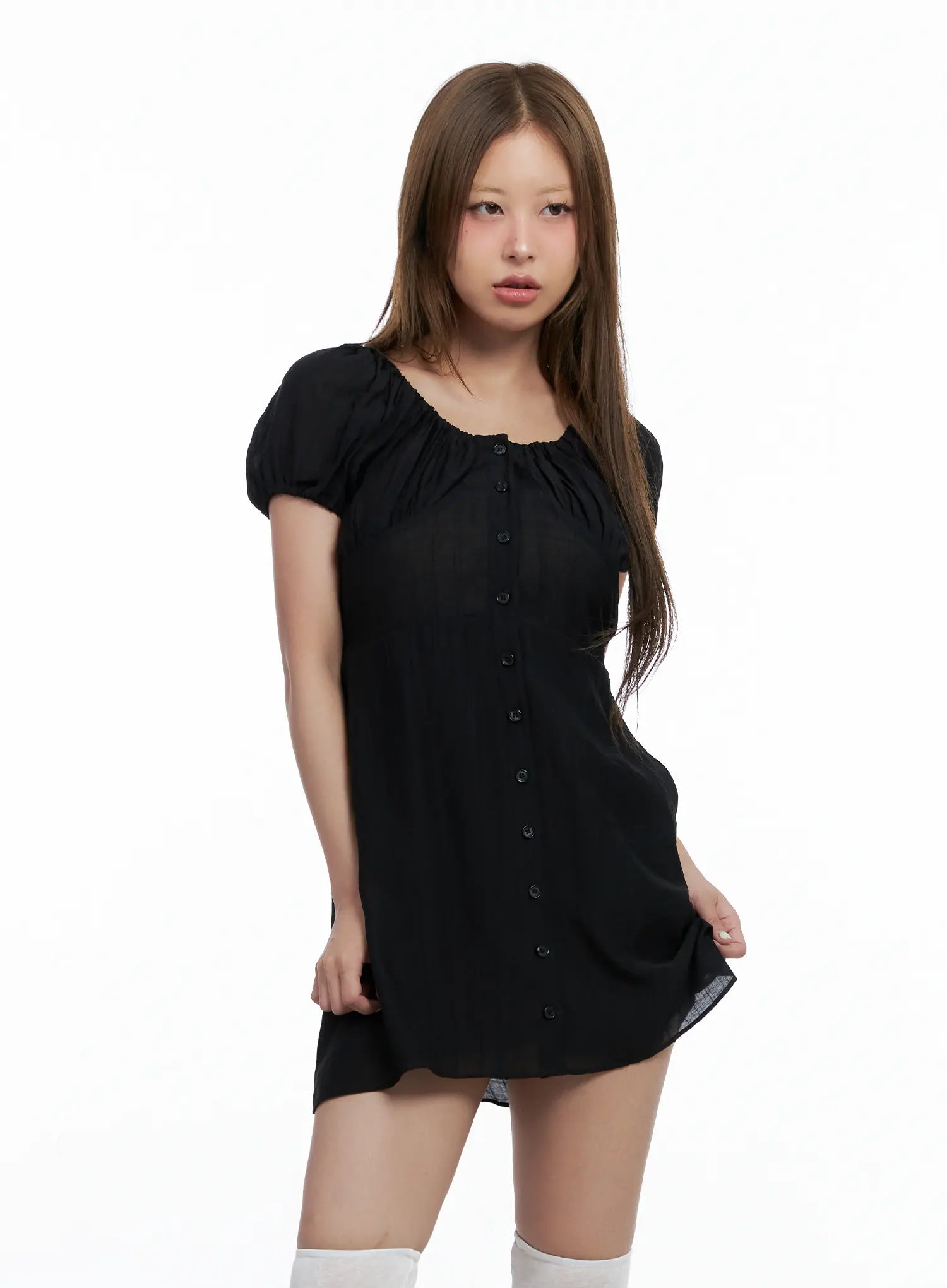shirred-puff-sleeve-mini-dress-cl510
