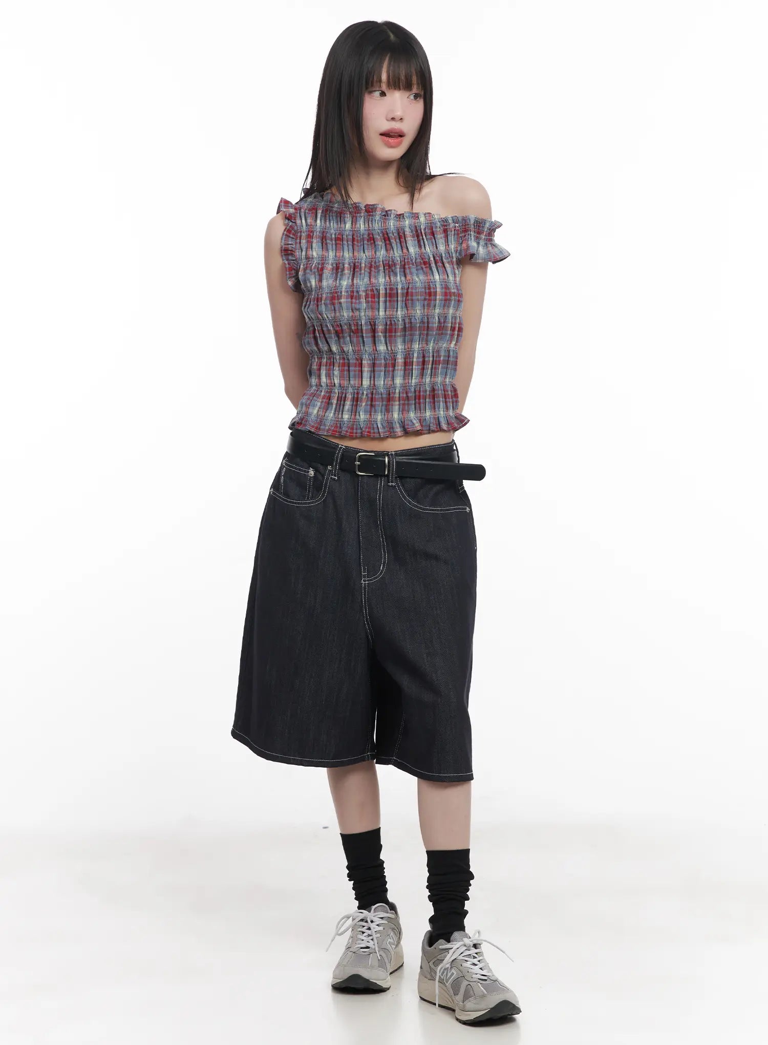 plaid-frill-one-shoulder-crop-top-cu519