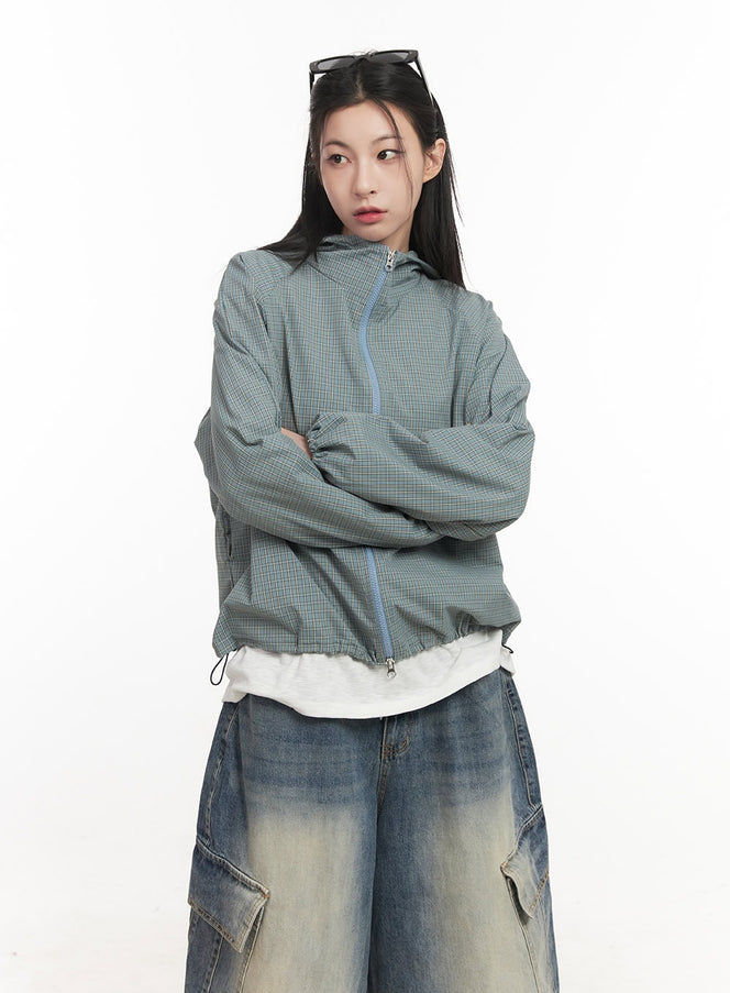 checkered-hooded-windbreaker-jacket-cf519 / Mint