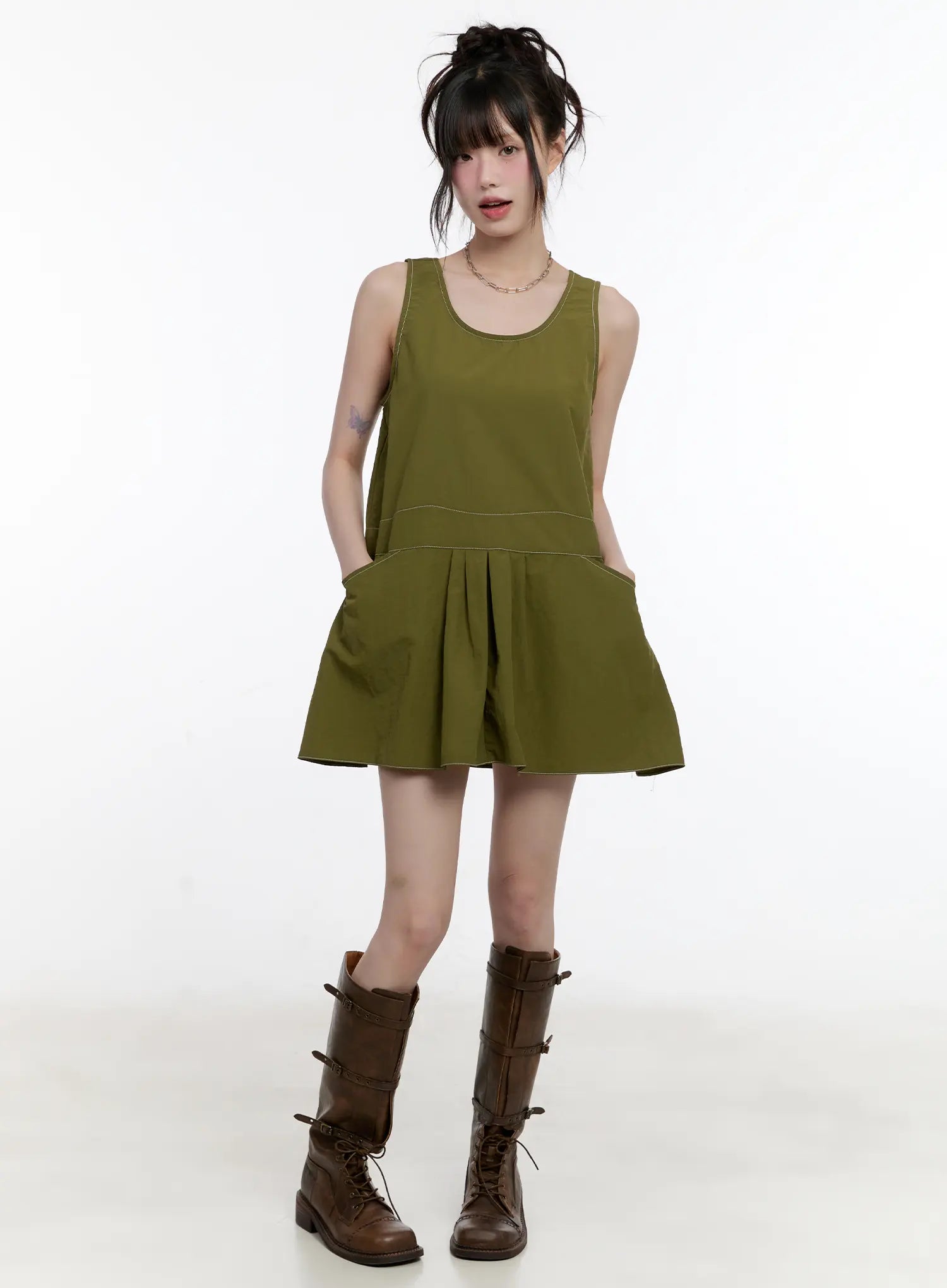 olive-green-pintuck-mini-dress-cl507