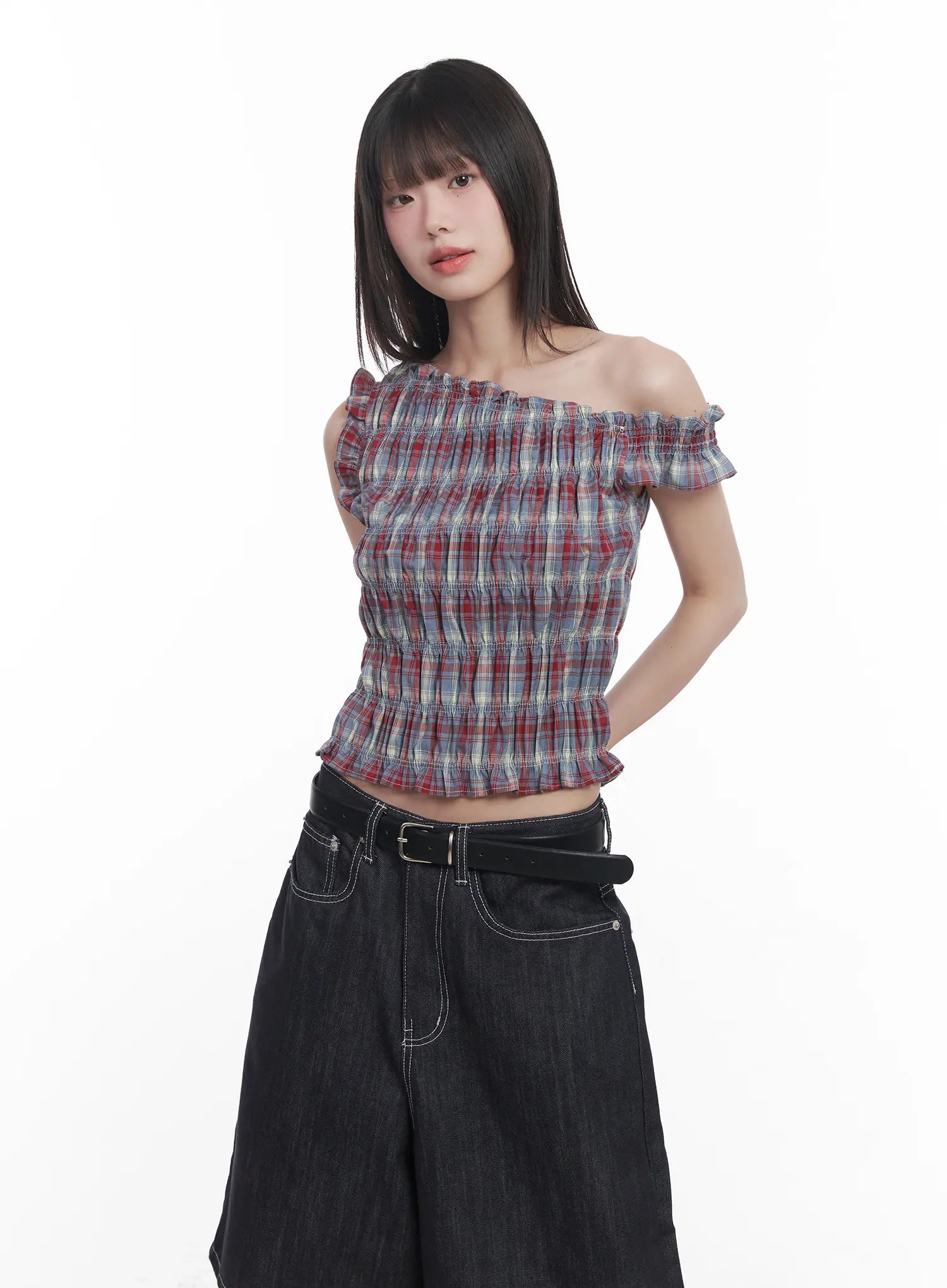 plaid-frill-one-shoulder-crop-top-cu519