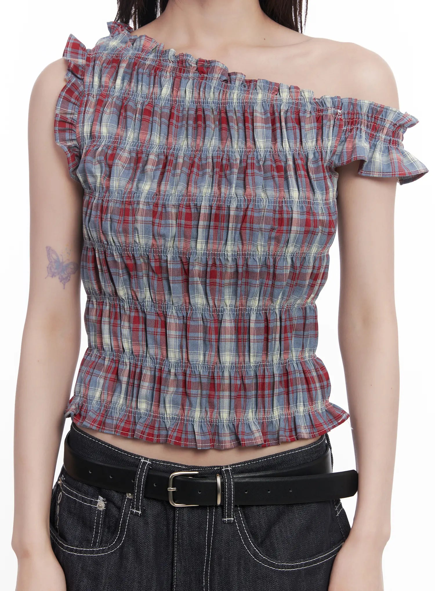 plaid-frill-one-shoulder-crop-top-cu519