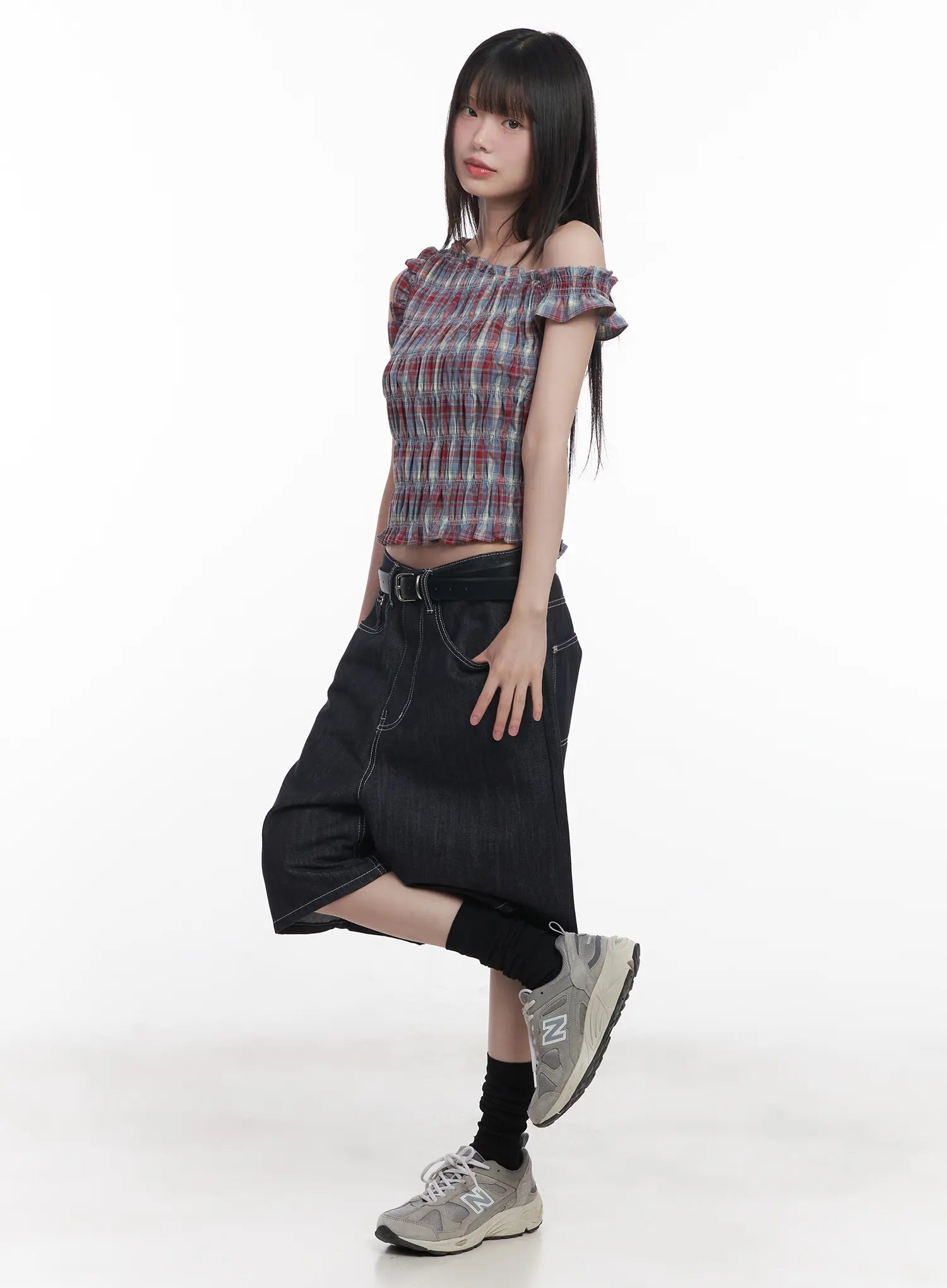 plaid-frill-one-shoulder-crop-top-cu519