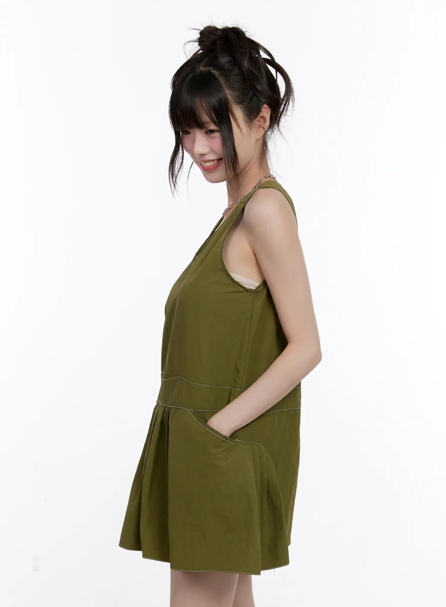 olive-green-pintuck-mini-dress-cl507