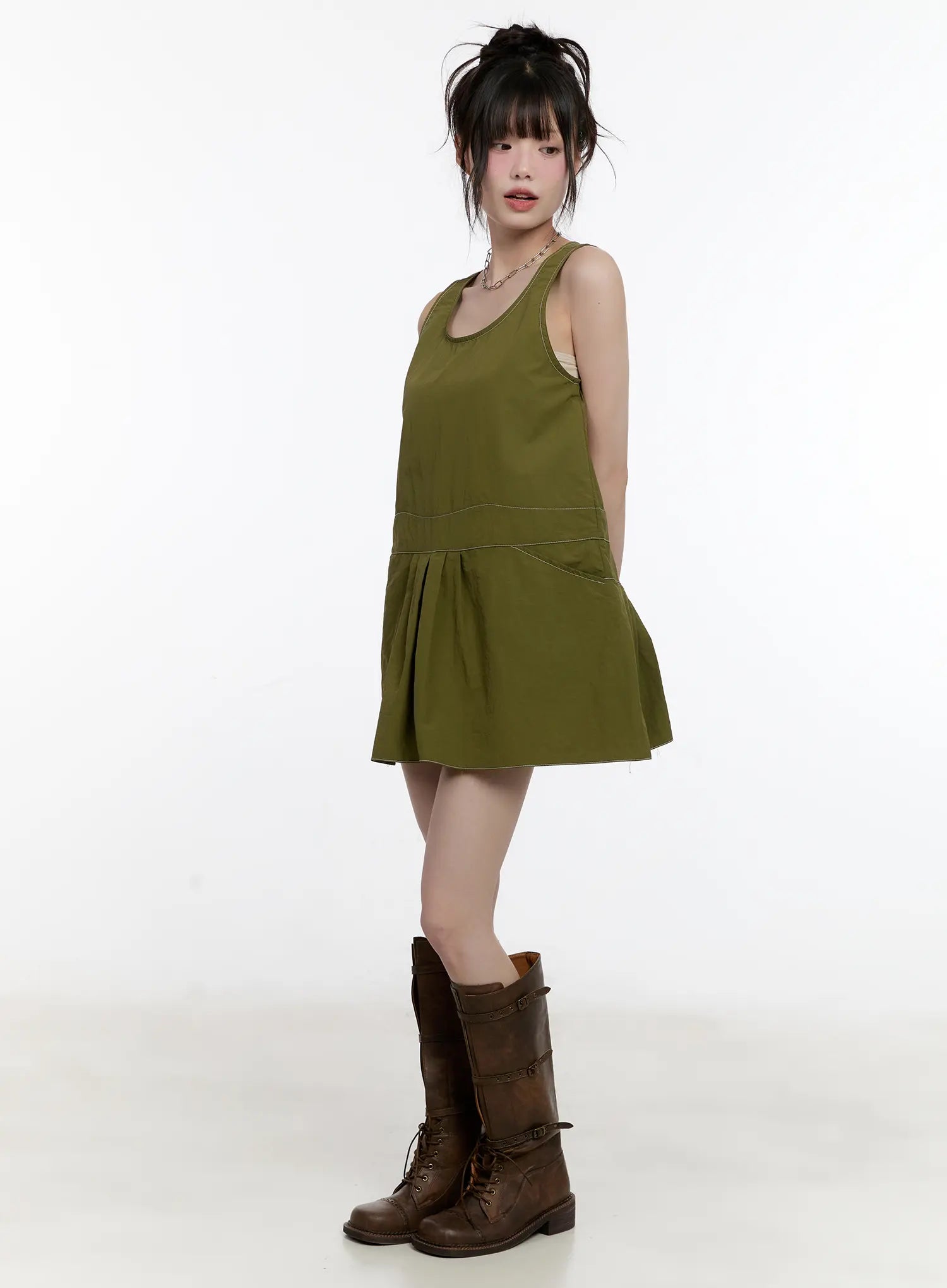 olive-green-pintuck-mini-dress-cl507