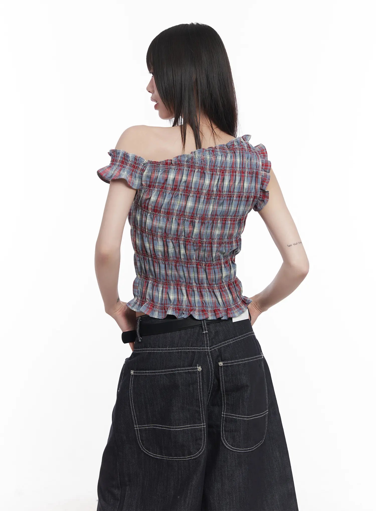 plaid-frill-one-shoulder-crop-top-cu519
