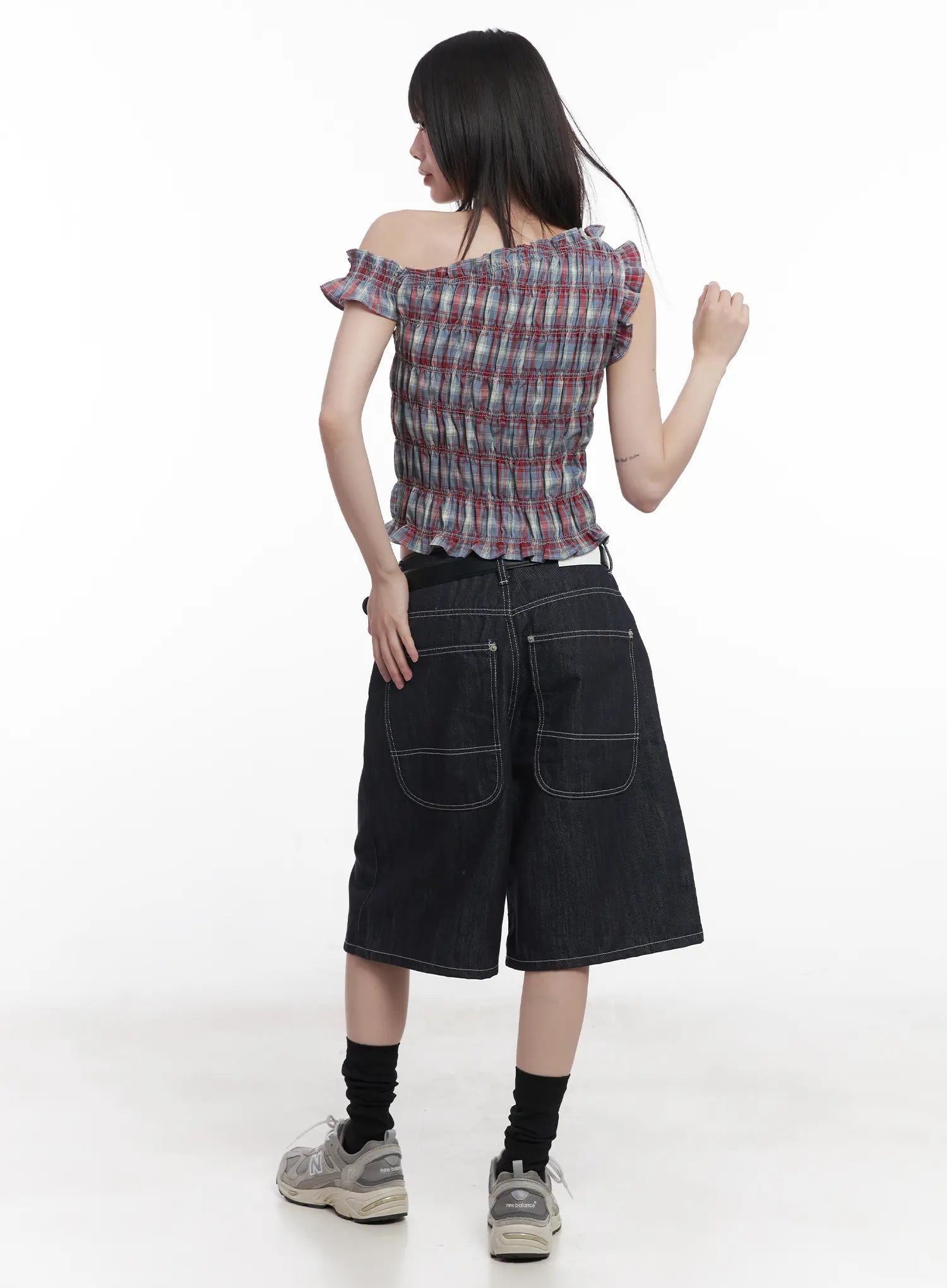 plaid-frill-one-shoulder-crop-top-cu519