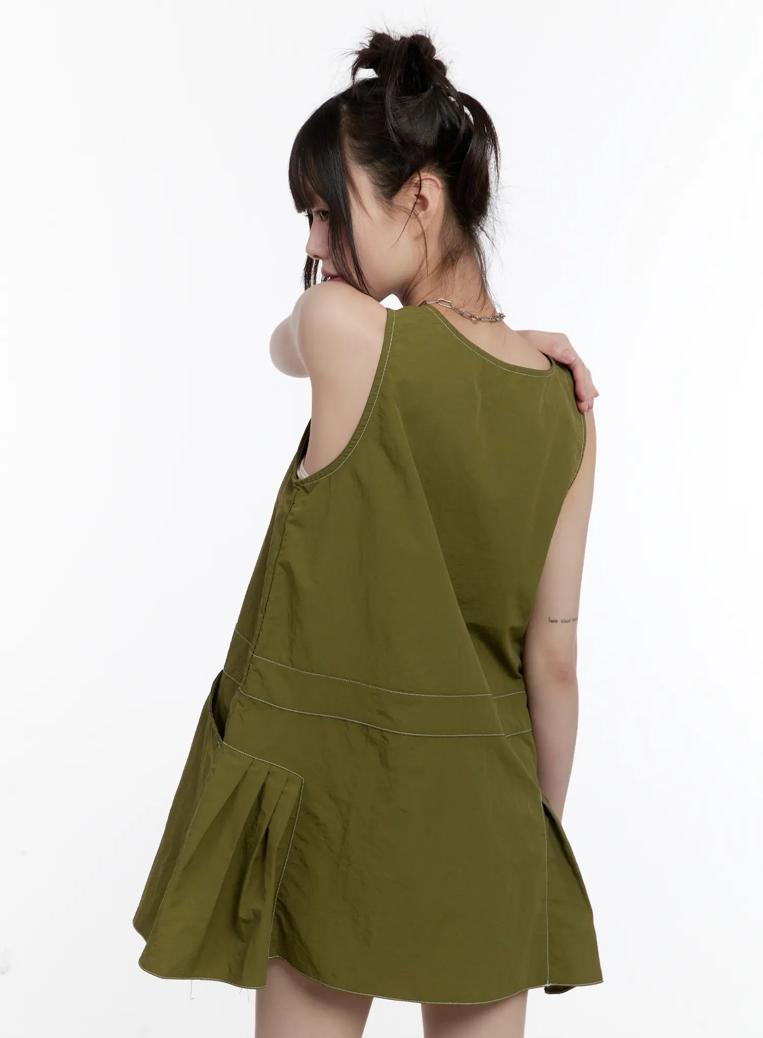 olive-green-pintuck-mini-dress-cl507