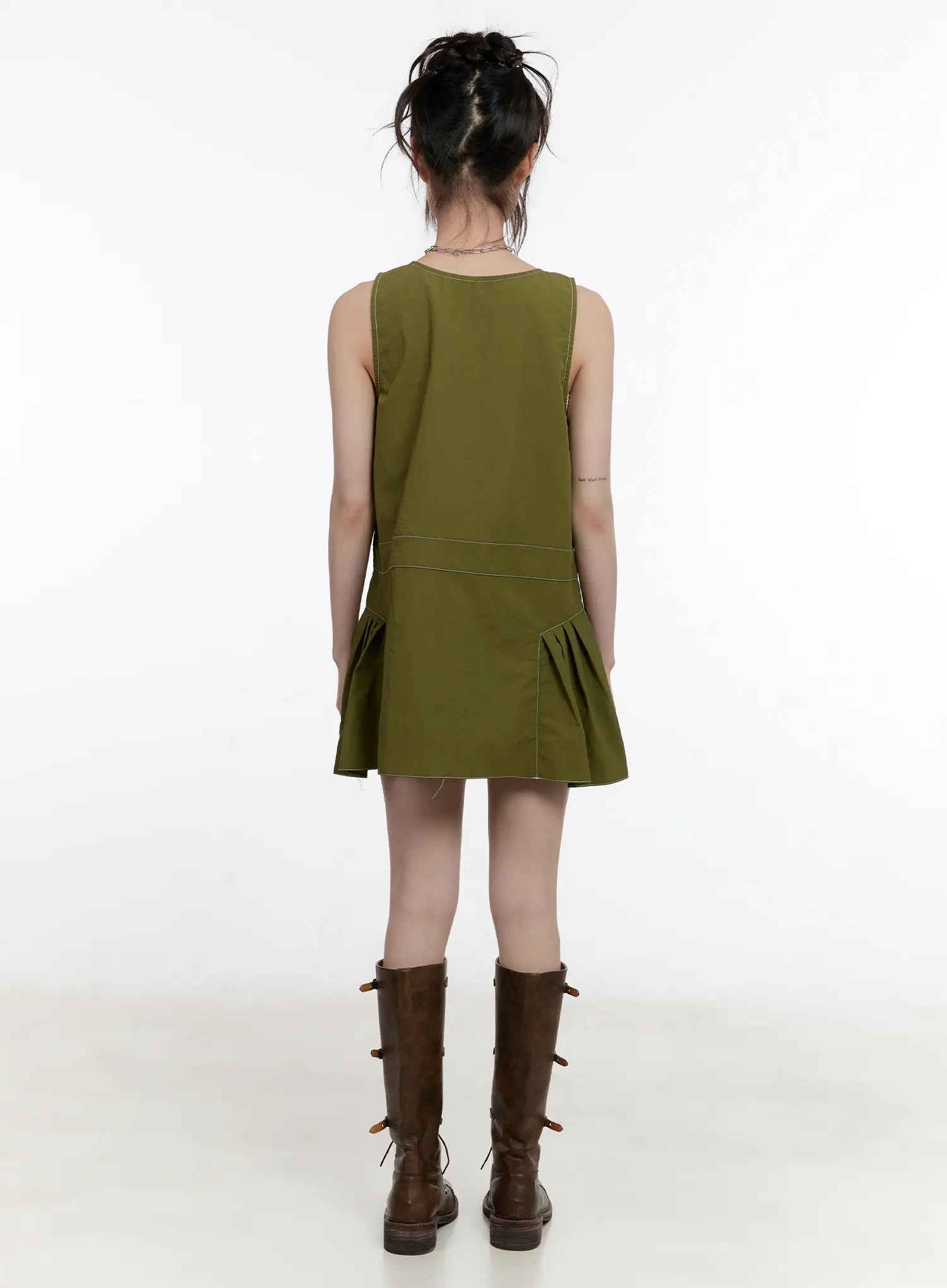 olive-green-pintuck-mini-dress-cl507