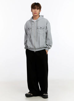 mens-button-detail-zip-up-hoodie-jacket-in528 / Gray