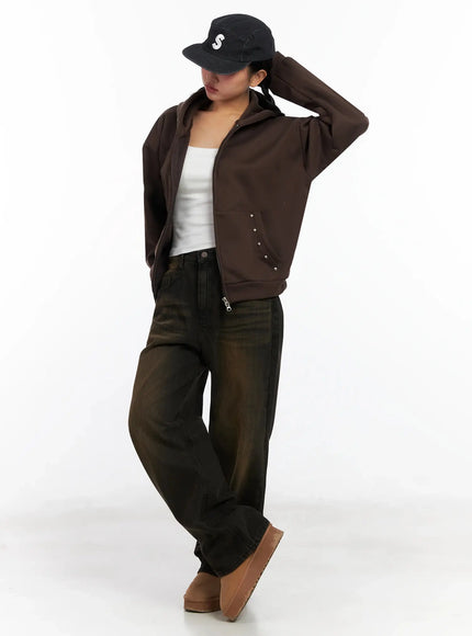 studded-fleece-zip-hoodie-in528 / Brown