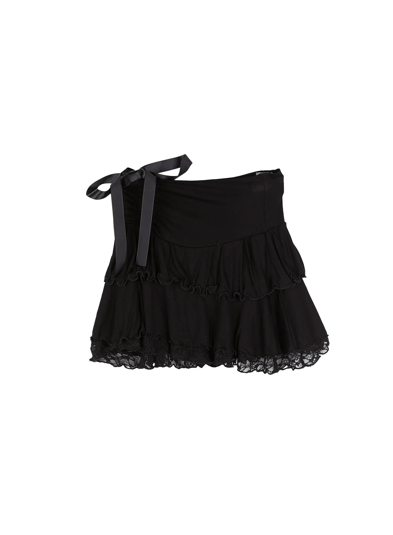 lace-trim-ribbon-mini-skirt-cu527 / Black