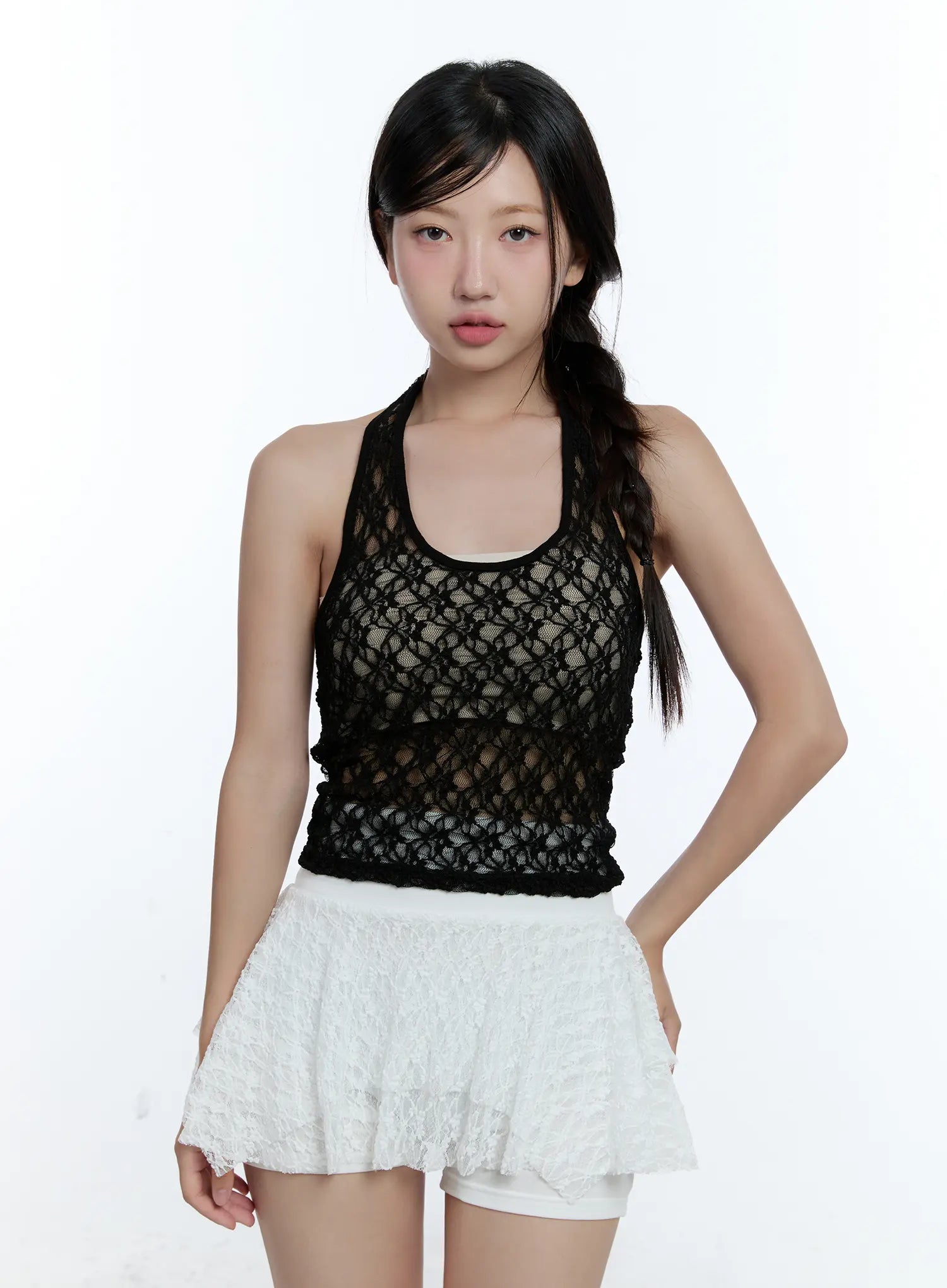 sheer-lace-halter-neck-top-cu527 / Black