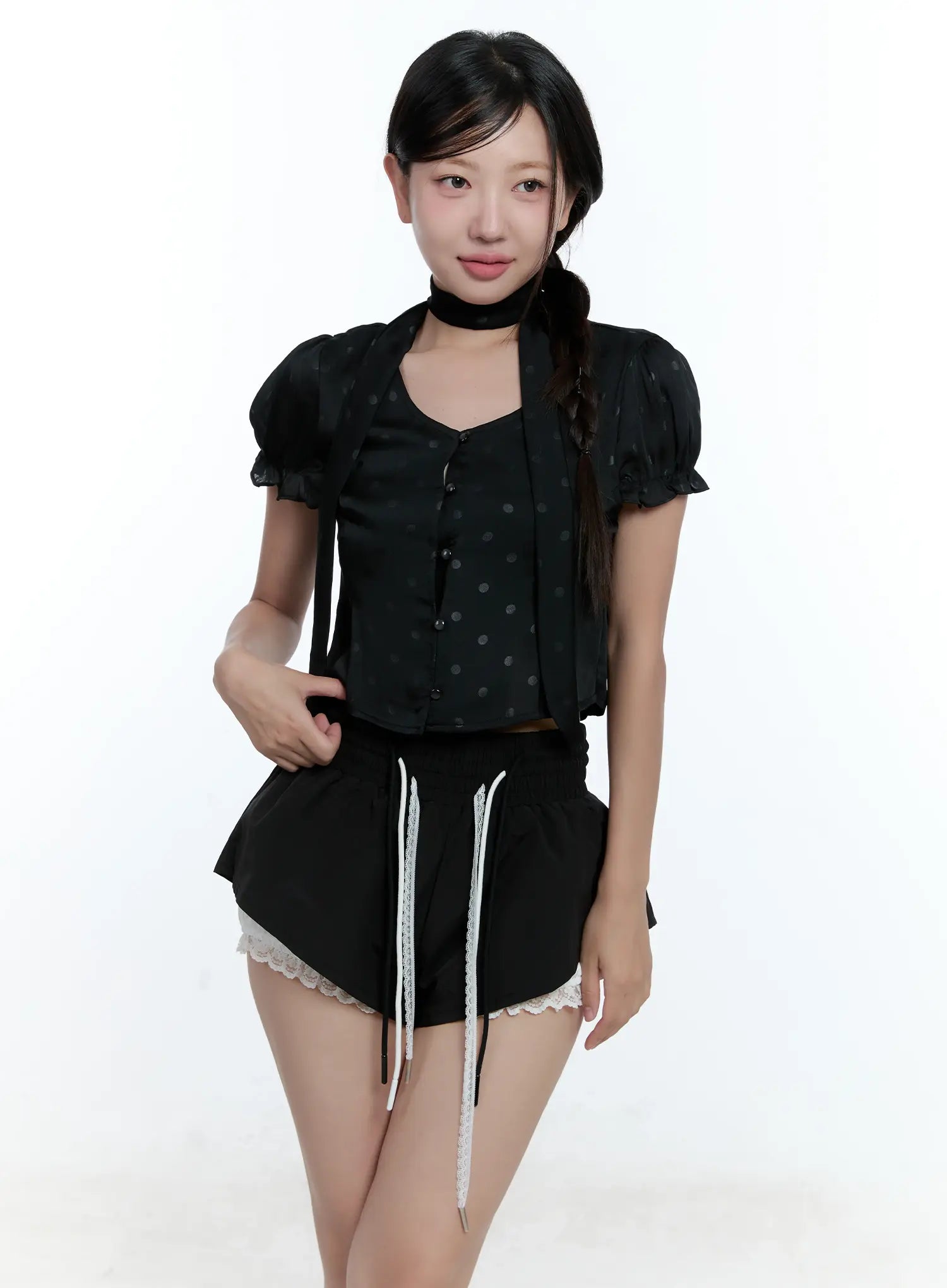 puff-sleeve-crop-top-scarf-cu527 / Black