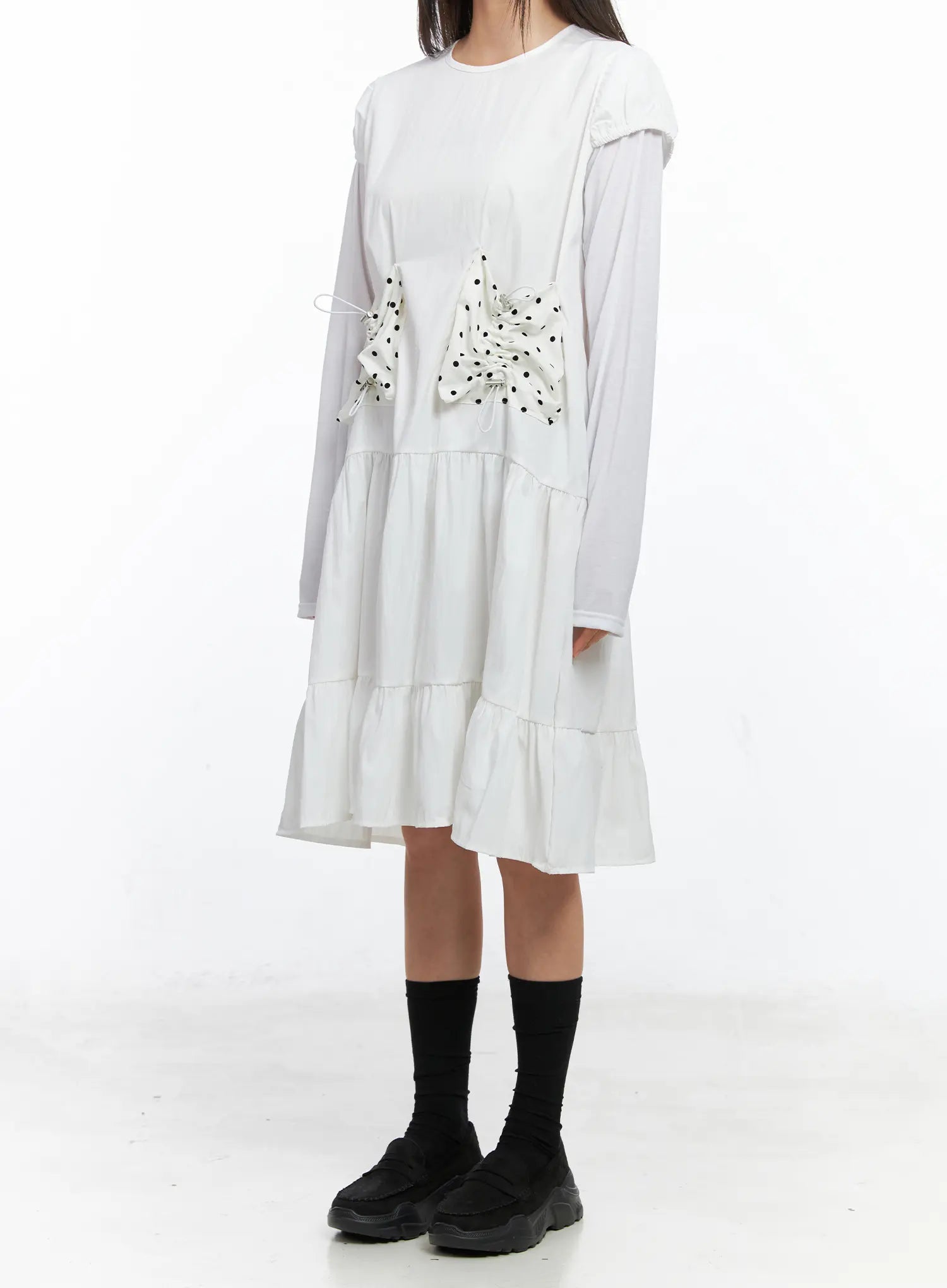 layered-polka-dot-long-sleeve-dress-cs524 / White