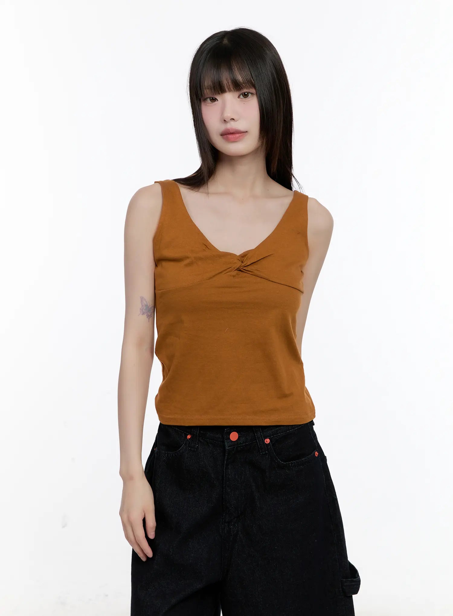 twist-detail-v-neck-sleeveless-top-cl504 / Dark yellow