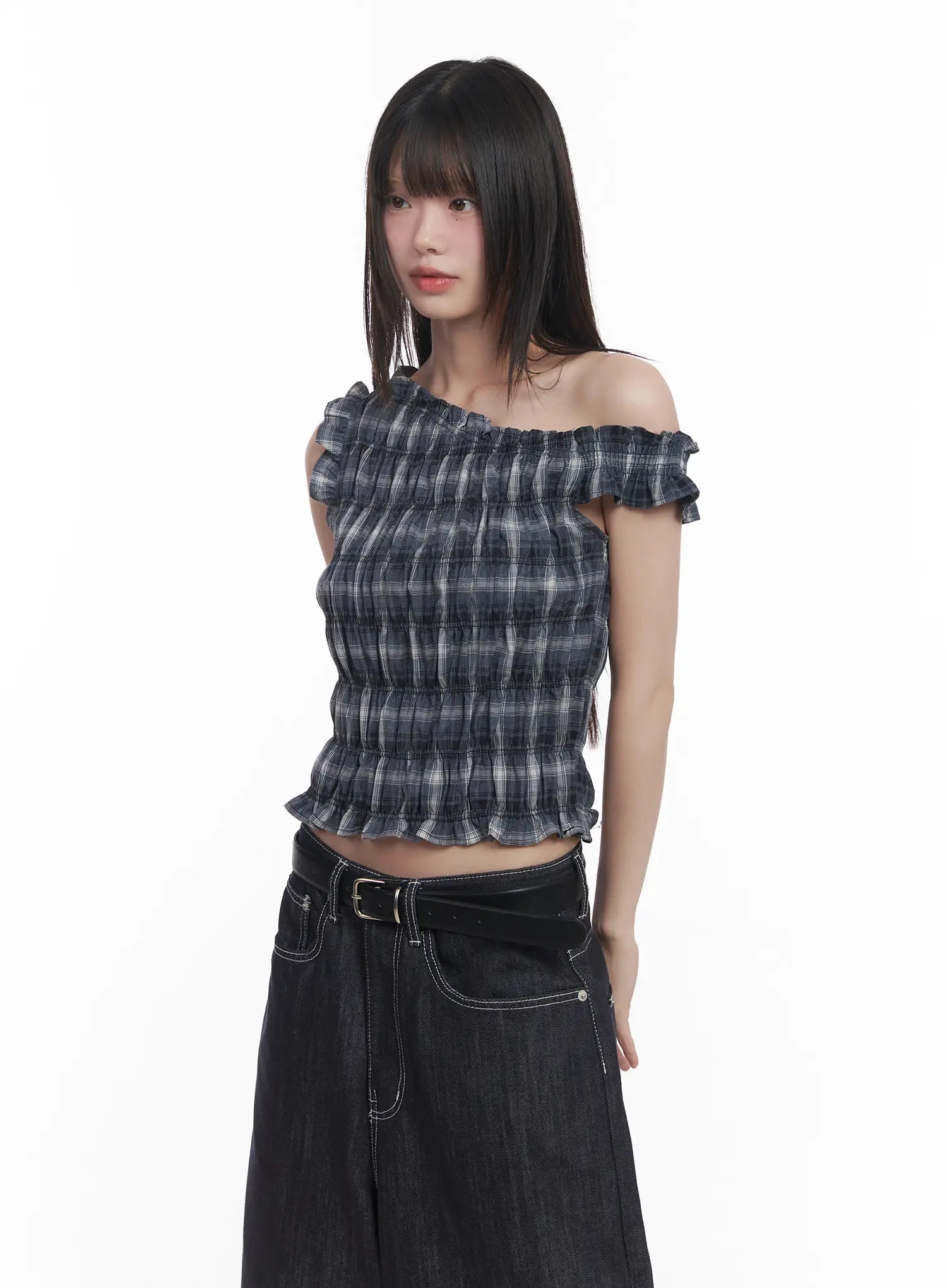 plaid-frill-one-shoulder-crop-top-cu519 / Gray