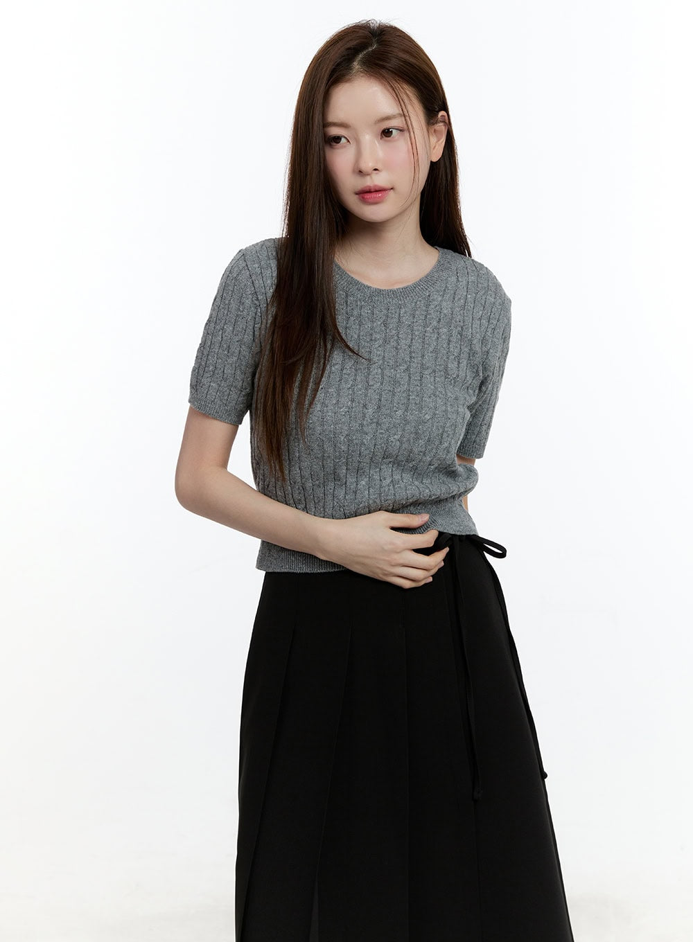 cable-knit-short-sleeve-sweater-cm521 / Gray