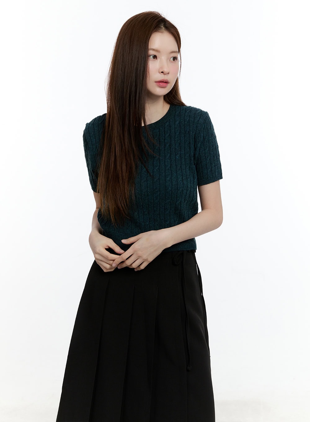 cable-knit-short-sleeve-sweater-cm521 / Dark blue