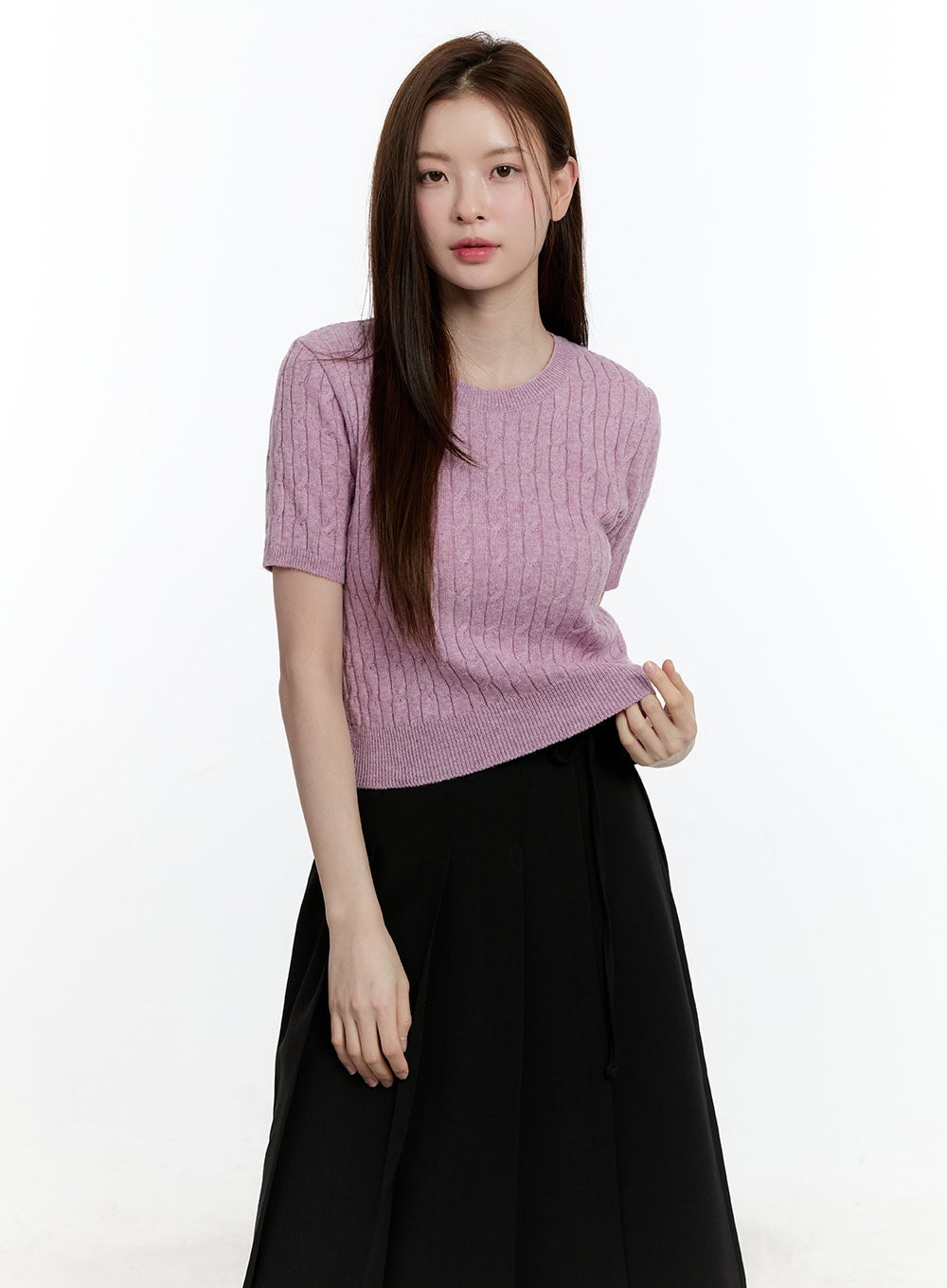 cable-knit-short-sleeve-sweater-cm521 / Dark pink